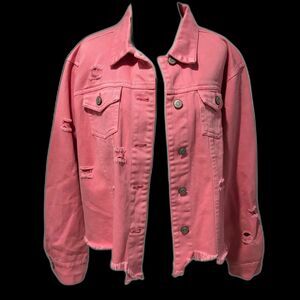 NWT White Birch Black Label Pink Distressed 100% Cotton Oversized Denim Jacket M